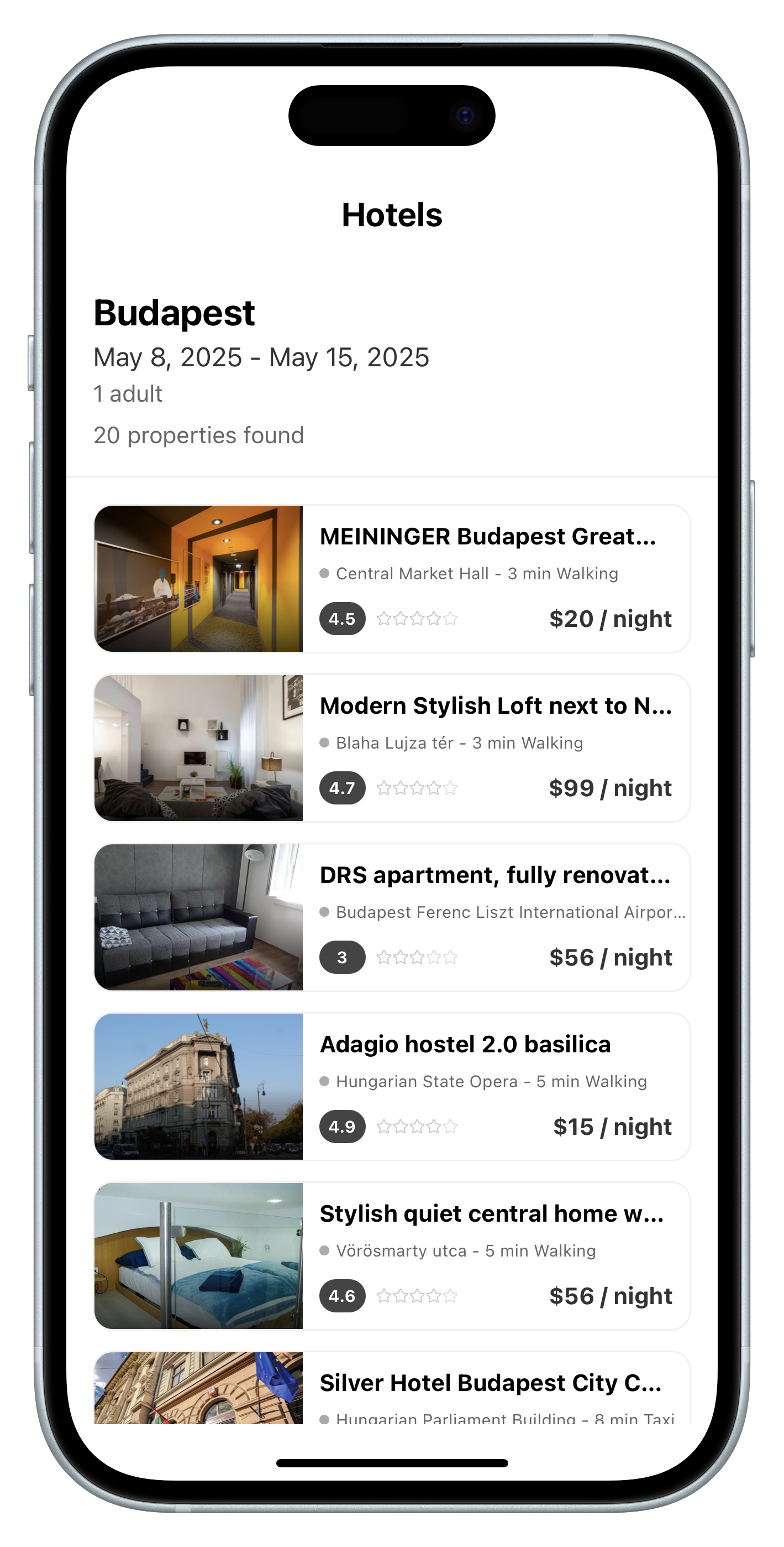 Hotels List Interface